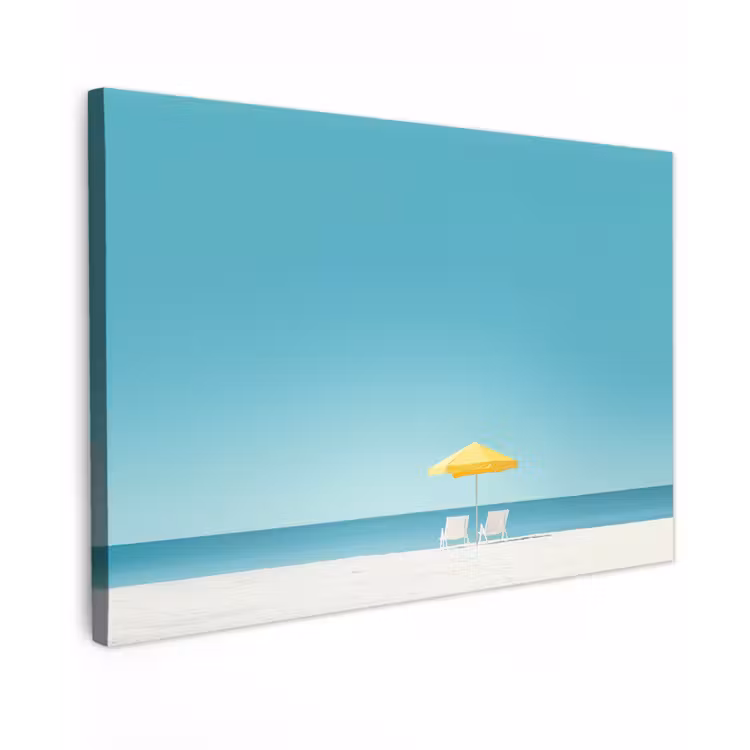 Canvas schilderij - Strand - Blauwe lucht - Geel - Parasol — 1