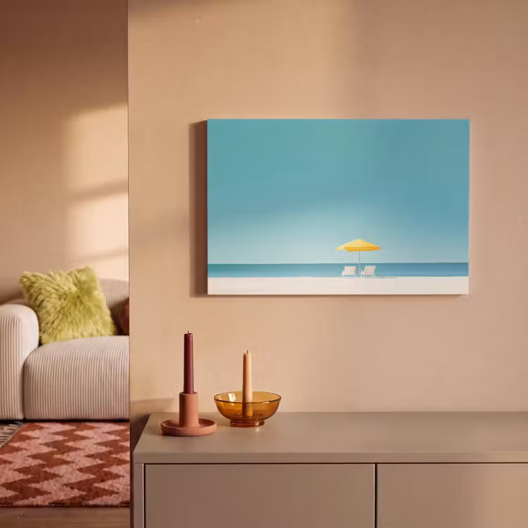 Canvas schilderij - Strand - Blauwe lucht - Geel - Parasol — 2