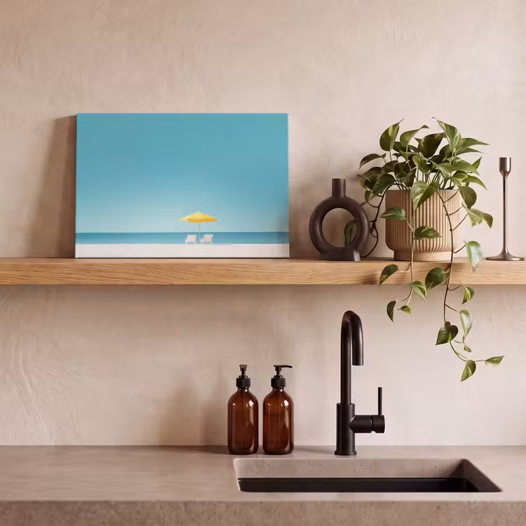 Canvas schilderij - Strand - Blauwe lucht - Geel - Parasol — 3