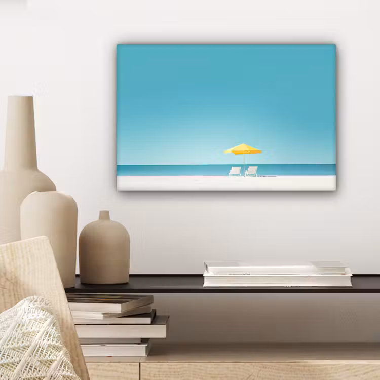 Canvas schilderij - Strand - Blauwe lucht - Geel - Parasol — 5