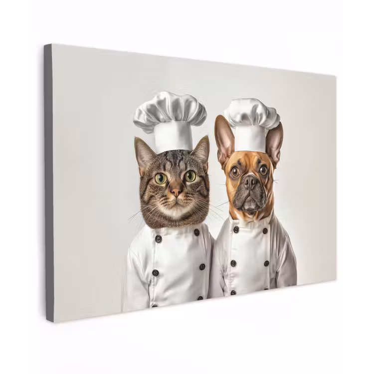 Canvas schilderij - Kat - Hond - Kokskleding — 1
