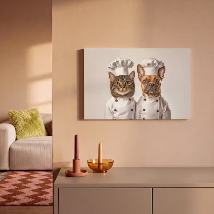 Canvas schilderij - Kat - Hond - Kokskleding — 2