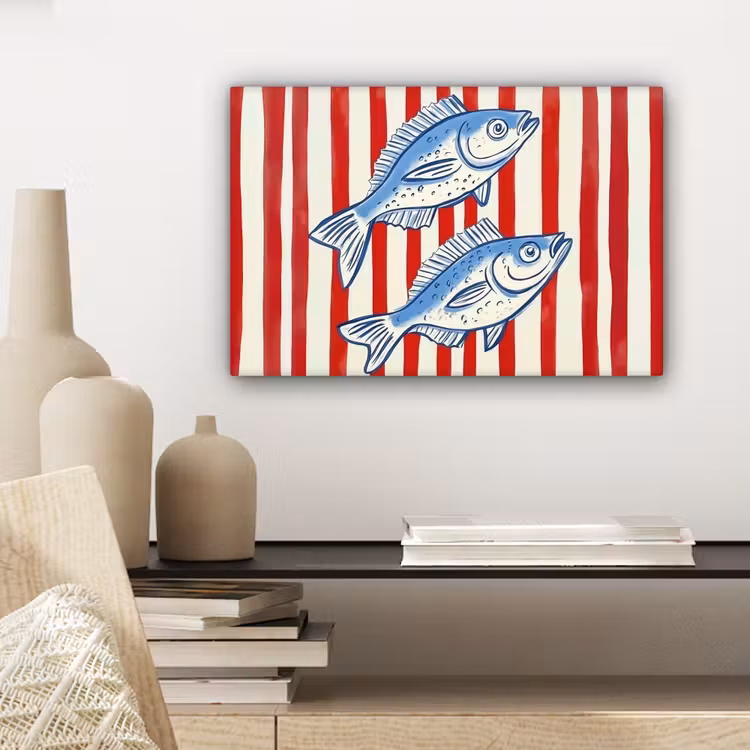 Canvas schilderij - Vissen - Verticale strepen - Blauw - Rood — 5