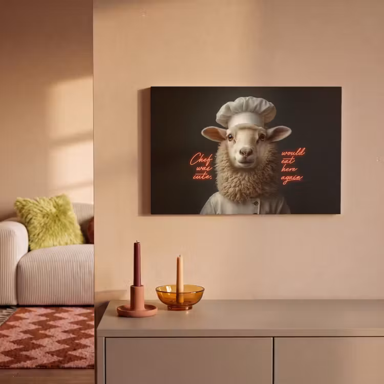 Canvas schilderij - Schaap - Kokskleding - Neon - Quote — 2