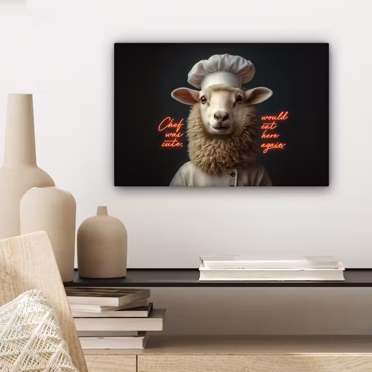 Canvas schilderij - Schaap - Kokskleding - Neon - Quote — 5
