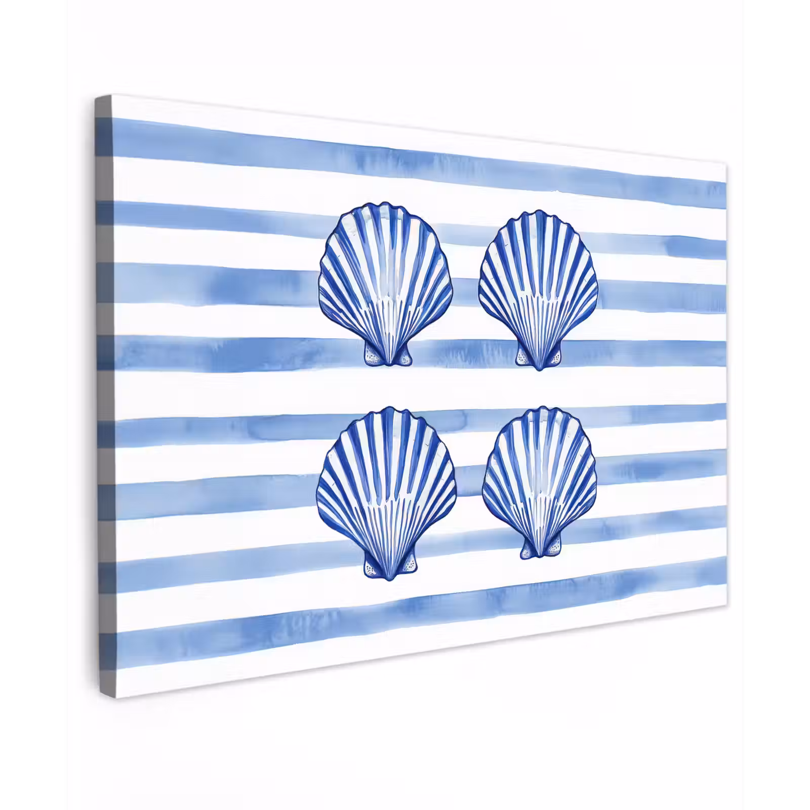 Canvas schilderij - Vier schelpen - Blauw - Wit - Strepen — 1