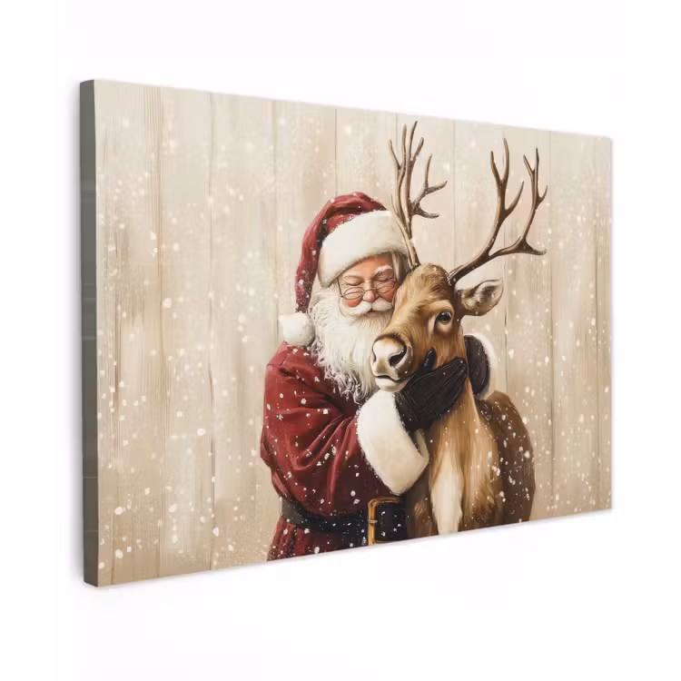 Canvas schilderij - Kerstman - Rendier - Sneeuw - Kleurrijk — 1