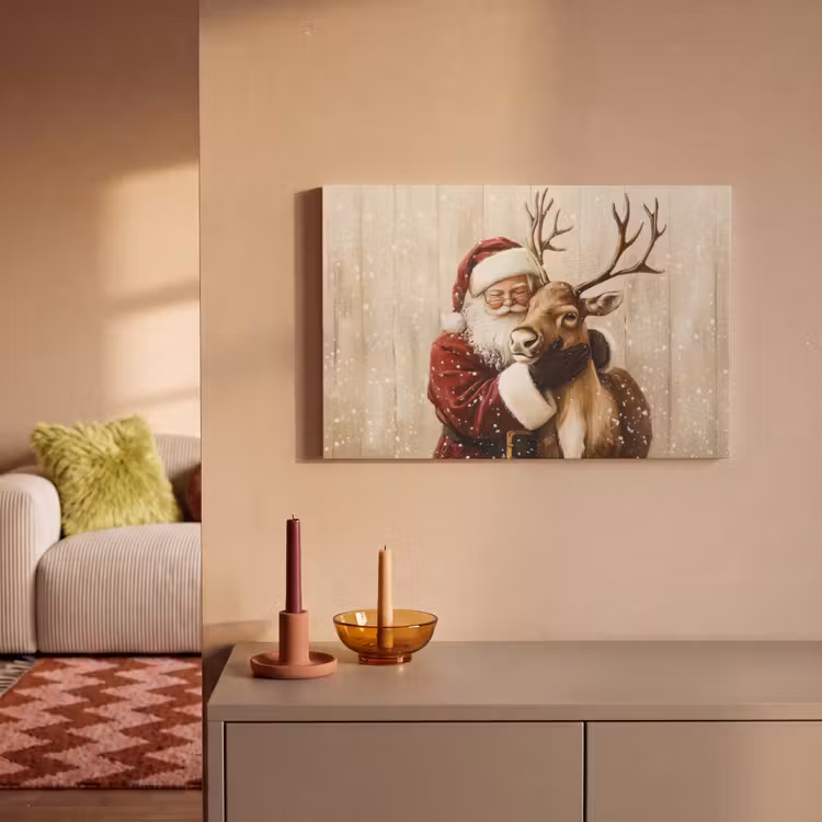Canvas schilderij - Kerstman - Rendier - Sneeuw - Kleurrijk — 2
