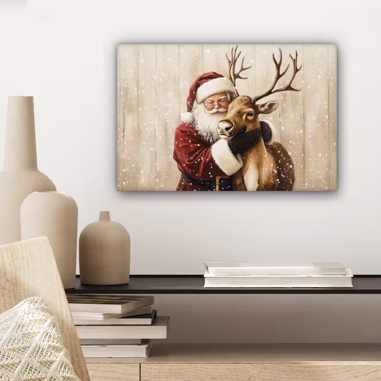 Canvas schilderij - Kerstman - Rendier - Sneeuw - Kleurrijk — 5