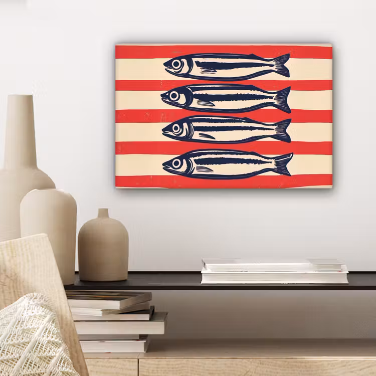 Canvas schilderij - Sardines - Rood en beige strepen — 5