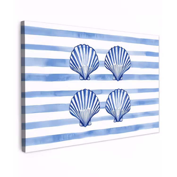 Canvas schilderij - Vier schelpen - Blauw - Wit - Strepen — 1