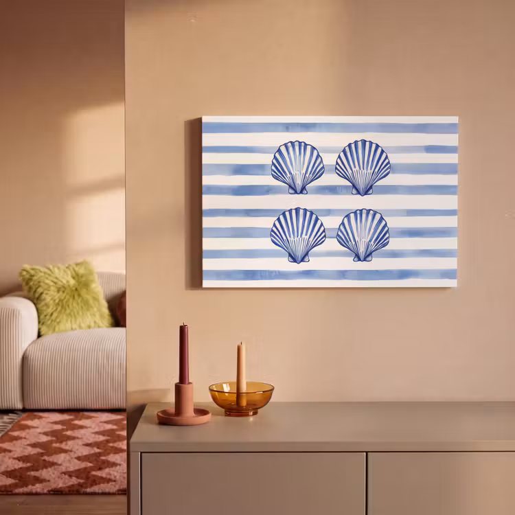 Canvas schilderij - Vier schelpen - Blauw - Wit - Strepen — 2