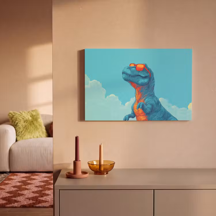 Canvas schilderij - T-Rex - Blauw - Wolken - Zonnebril — 2
