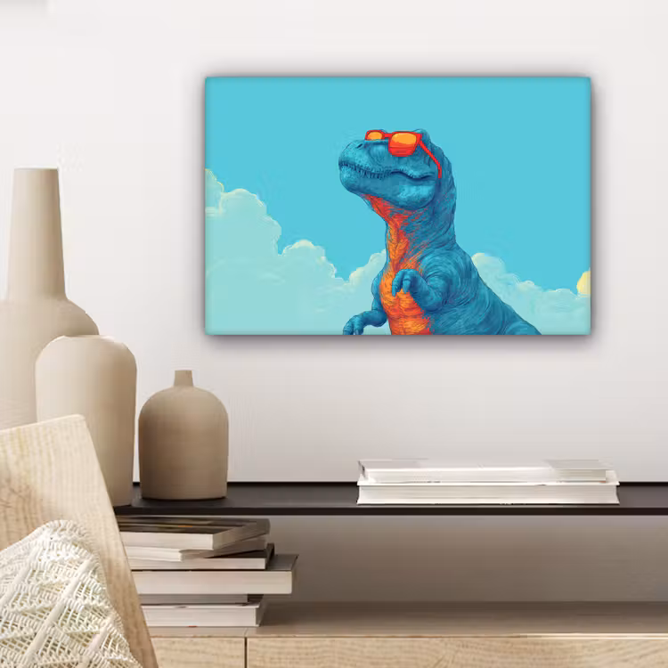 Canvas schilderij - T-Rex - Blauw - Wolken - Zonnebril — 5