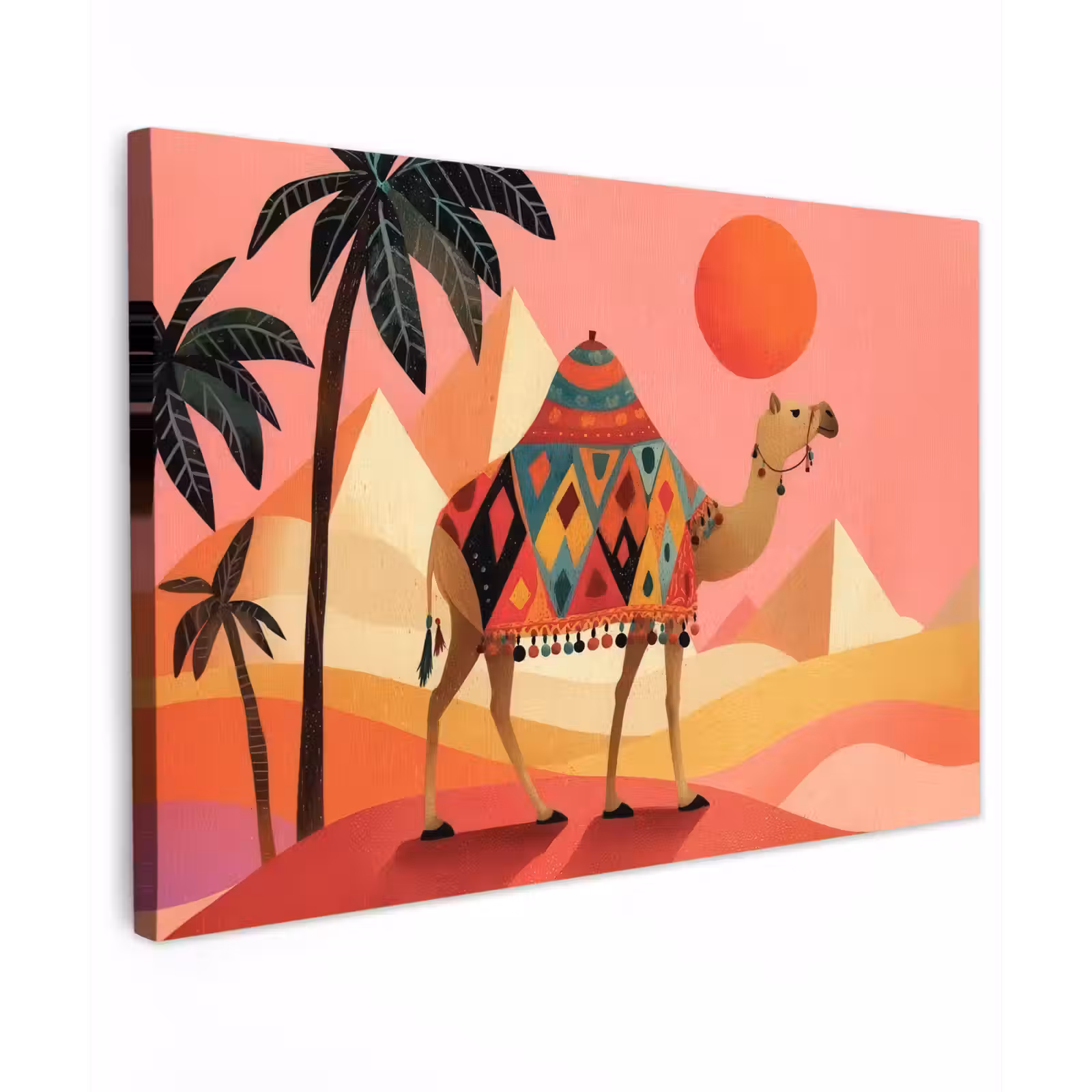 Canvas schilderij - Kameel - Pyramides - Rode zon — 1