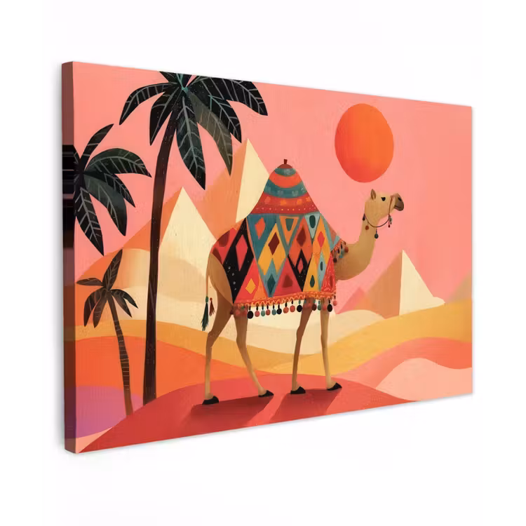 Canvas schilderij - Kameel - Pyramides - Rode zon — 1