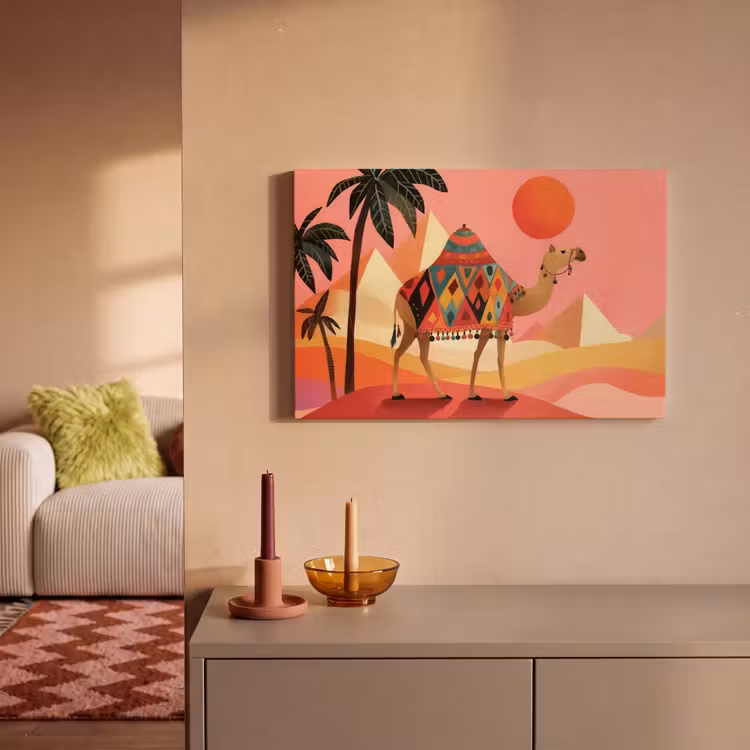 Canvas schilderij - Kameel - Pyramides - Rode zon — 2