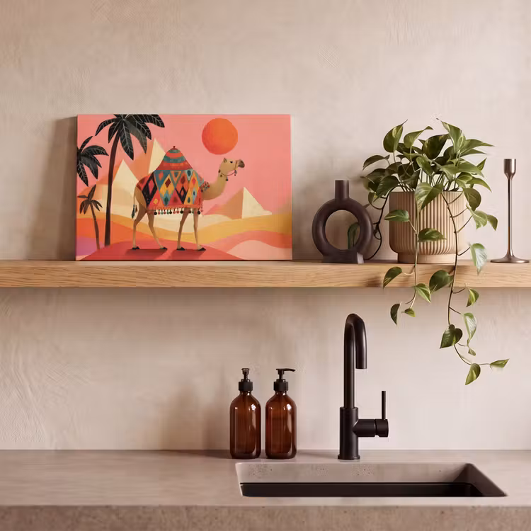 Canvas schilderij - Kameel - Pyramides - Rode zon — 3