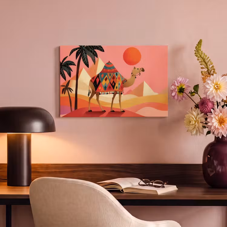Canvas schilderij - Kameel - Pyramides - Rode zon — 4