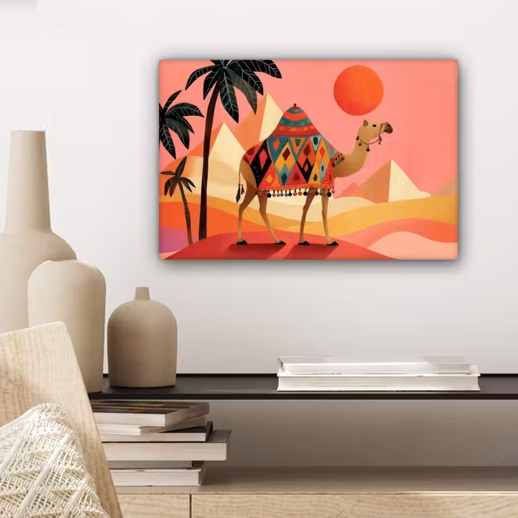 Canvas schilderij - Kameel - Pyramides - Rode zon — 5