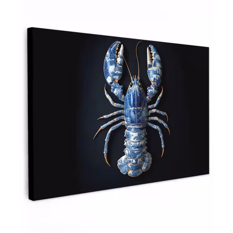 Canvas schilderij - Kreeft - Delftsblauw - Schild - Stoer — 1