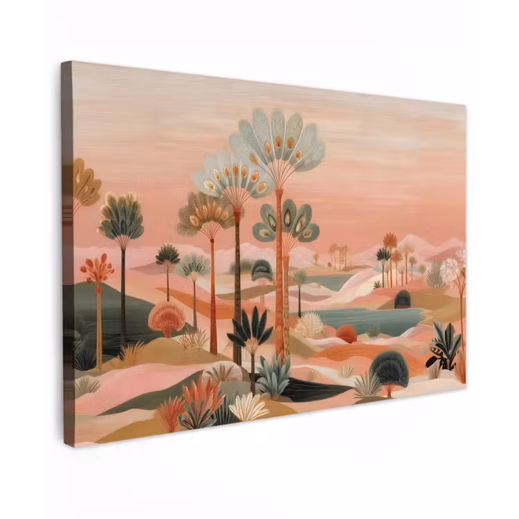 Canvas schilderij - Roze landschap - Palmen - Water — 1