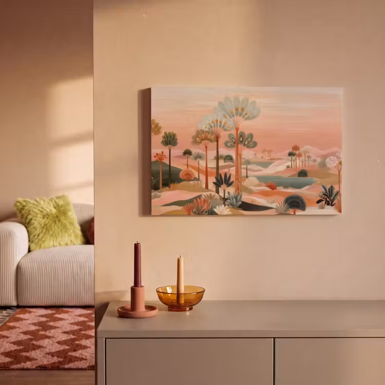Canvas schilderij - Roze landschap - Palmen - Water — 2