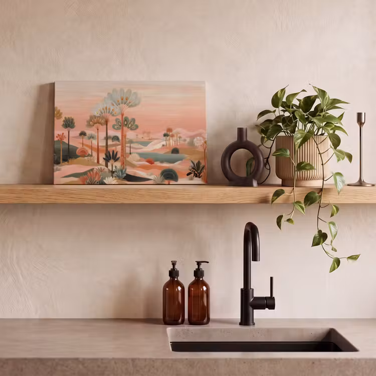 Canvas schilderij - Roze landschap - Palmen - Water — 3