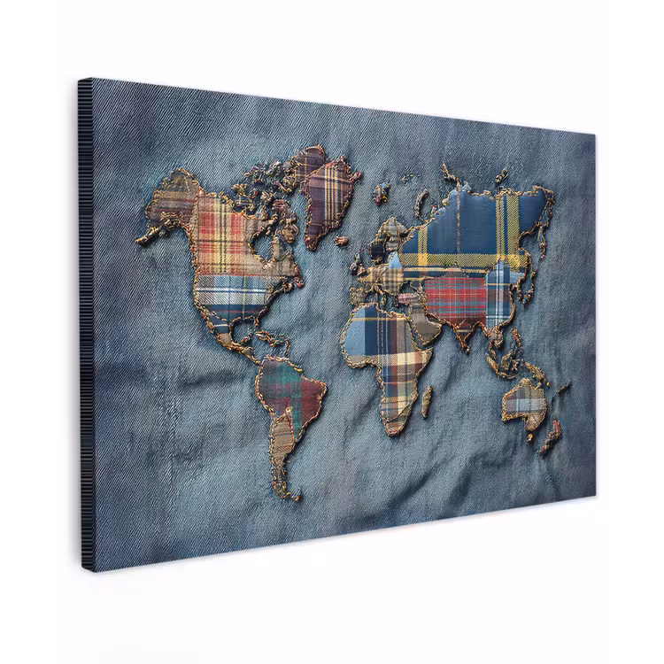 Canvas schilderij - Wereldkaart - Denim - Textiel — 1