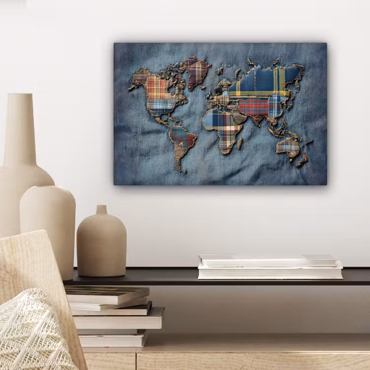 Canvas schilderij - Wereldkaart - Denim - Textiel — 5