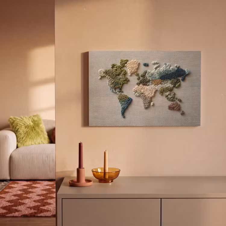 Canvas schilderij - Wereldkaart - Geborduurd - Aardetinten — 2