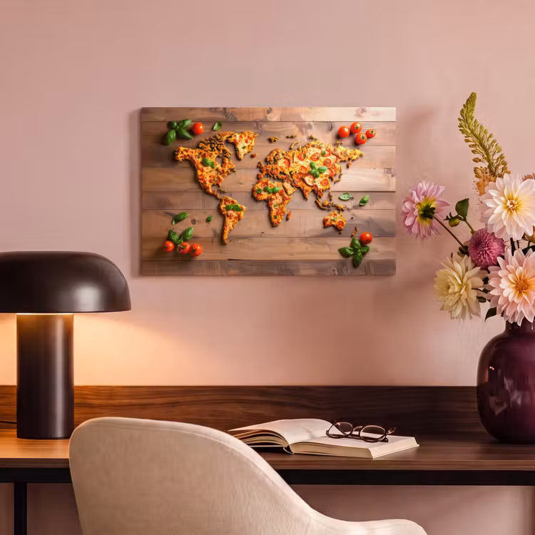 Canvas schilderij - Wereldkaart - Pizza - Houten ondergrond — 4
