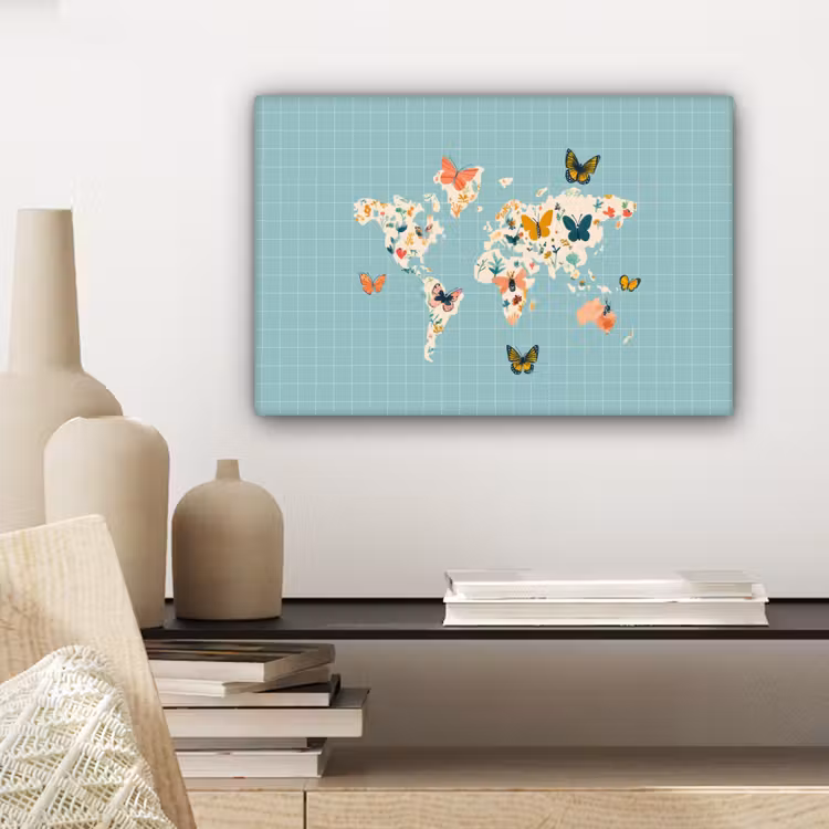 Canvas schilderij - Wereldkaart - Vlinders - Dromerig — 5