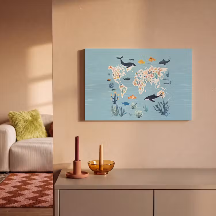 Canvas schilderij - Wereldkaart - Zeeleven - Blauw — 2