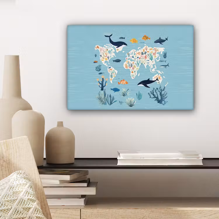 Canvas schilderij - Wereldkaart - Zeeleven - Blauw — 5