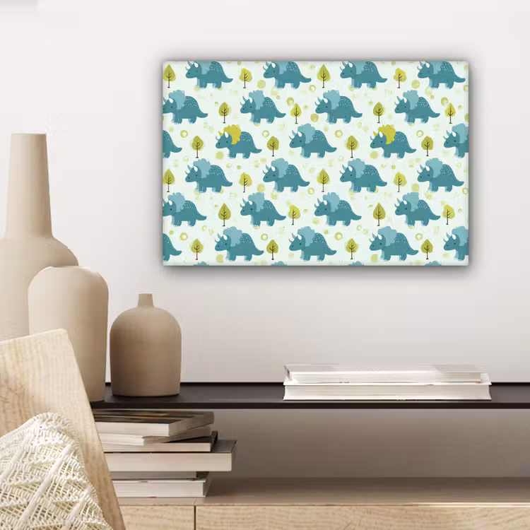 Canvas schilderij - Triceratop - Blauw - Stippen - Boompjes — 5