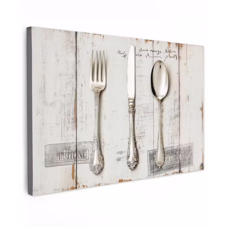 Canvas schilderij - Zilver - Bestek - Hout — 1