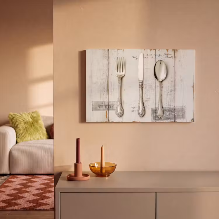 Canvas schilderij - Zilver - Bestek - Hout — 2