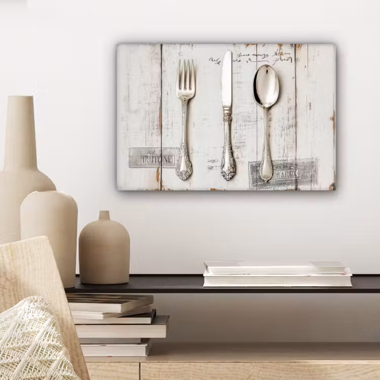 Canvas schilderij - Zilver - Bestek - Hout — 5