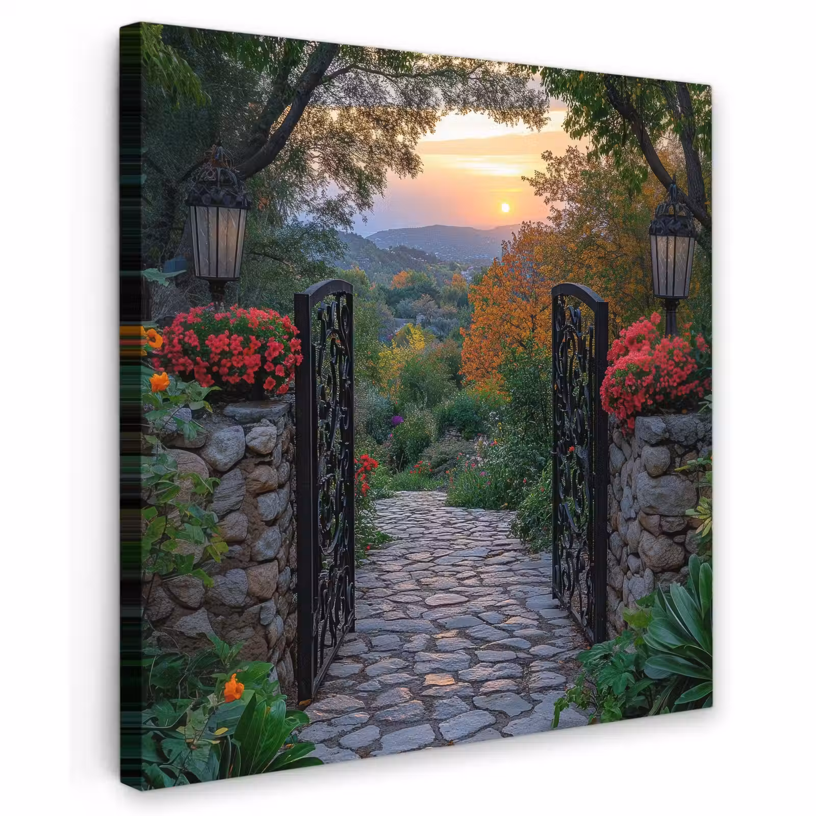 Canvas schilderij - Landschap - Hek - Pad - Zonsondergang - Natuur — 1