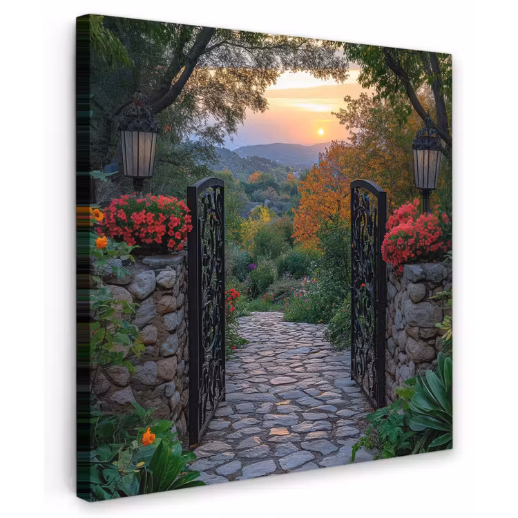Canvas schilderij - Landschap - Hek - Pad - Zonsondergang - Natuur — 1