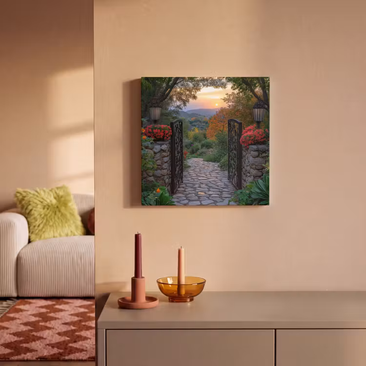 Canvas schilderij - Landschap - Hek - Pad - Zonsondergang - Natuur — 2