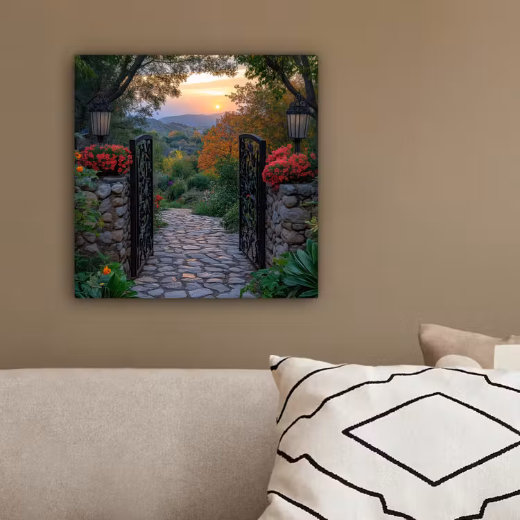 Canvas schilderij - Landschap - Hek - Pad - Zonsondergang - Natuur — 3