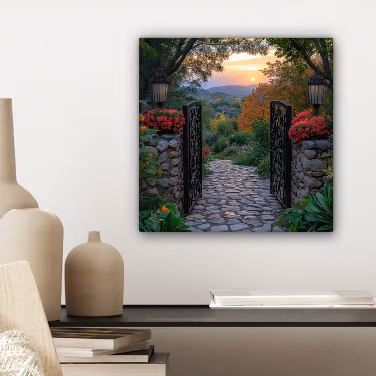Canvas schilderij - Landschap - Hek - Pad - Zonsondergang - Natuur — 5