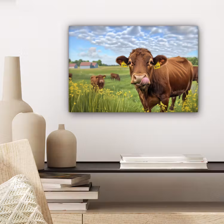 Canvas schilderij - Koe - Weide - Bloemen — 5