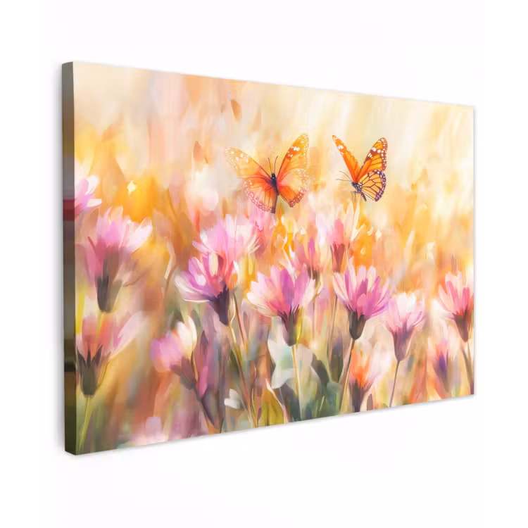 Canvas schilderij - Vlinders - Oranje - Bloemen — 1