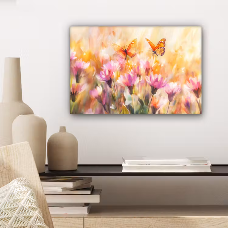 Canvas schilderij - Vlinders - Oranje - Bloemen — 5