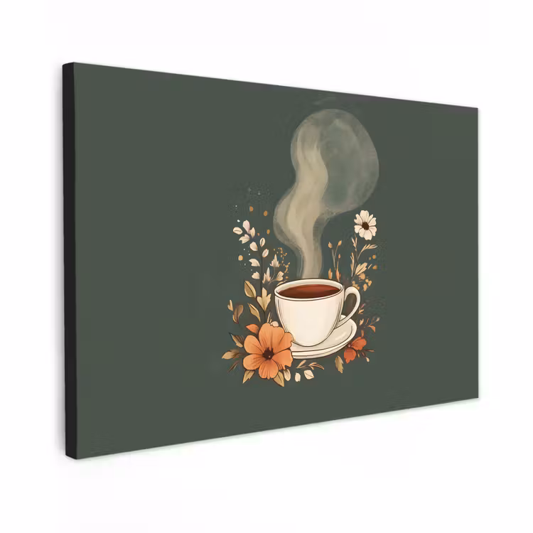 Canvas schilderij - Kop - Bloemen - Groen - Koffie — 1