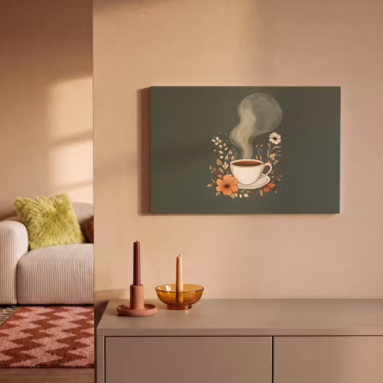 Canvas schilderij - Kop - Bloemen - Groen - Koffie — 2
