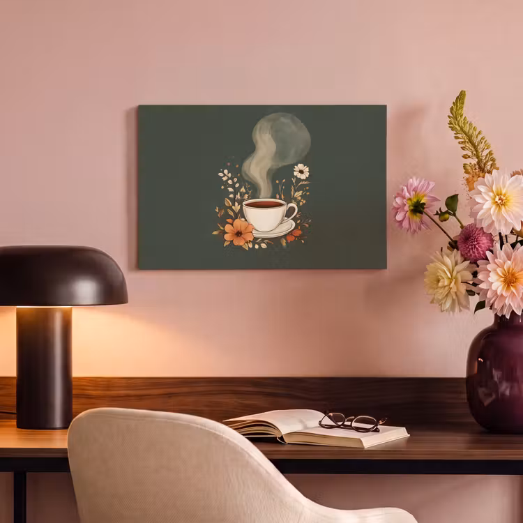 Canvas schilderij - Kop - Bloemen - Groen - Koffie — 4